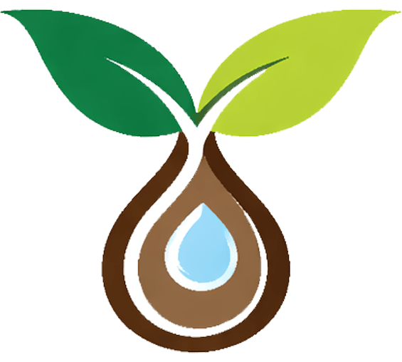 Logo of EarthGen215 featuring a seed with a water droplet and two green leaves, emphasizing sustainability and environmental focus.